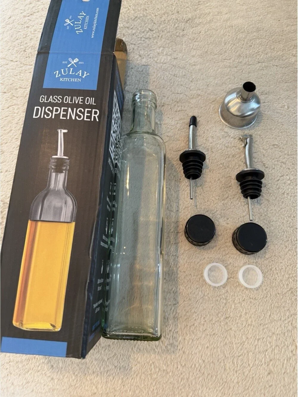 Glass Olive Oil Dispenser Bottle 17 Oz, Clear With Pour Spout, And Accesories
